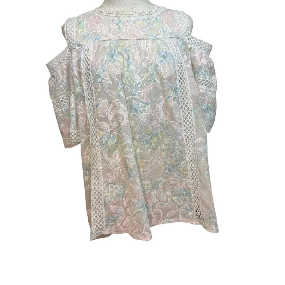 Embroidered Cold Shoulder women's Lace Inset Top. Size M